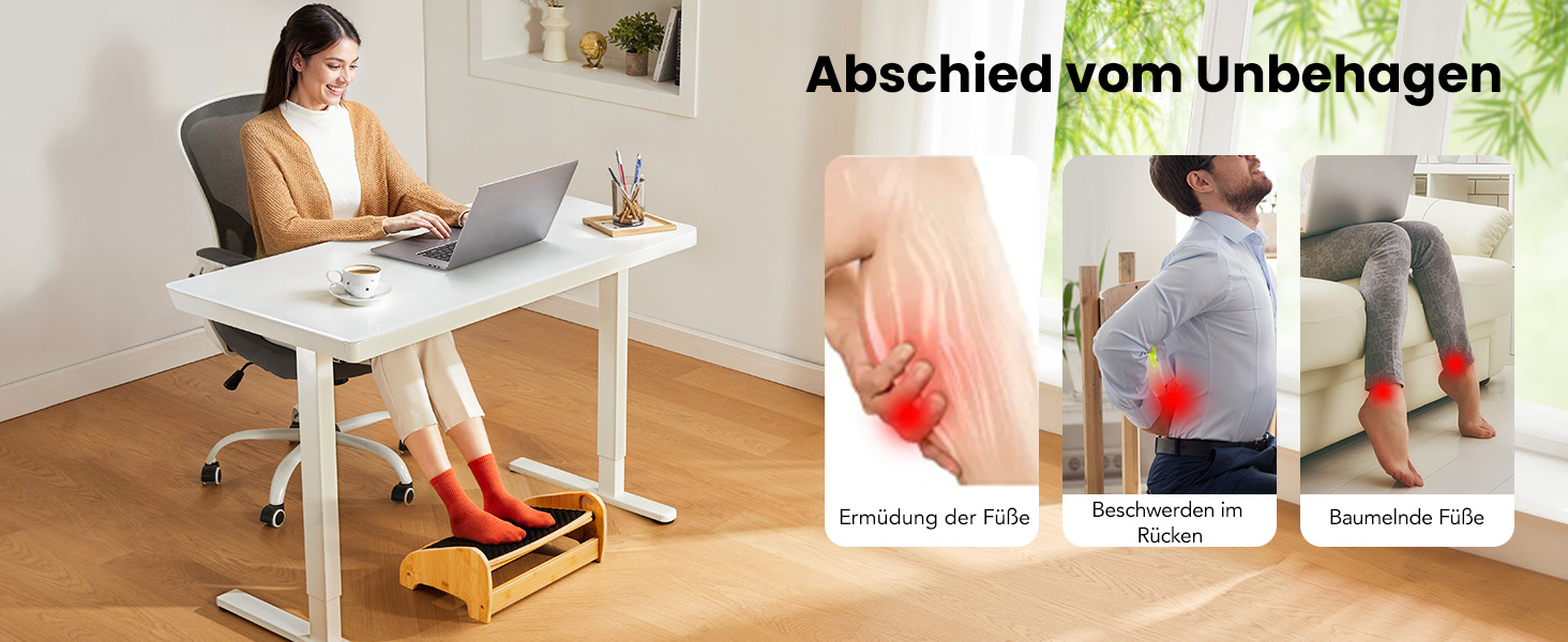 Підставка для ніг під стіл HUANUO бамбукова, ергономічна, 4 положення висоти та кута, масажна поверхня, протиковзна, для дому та офісу