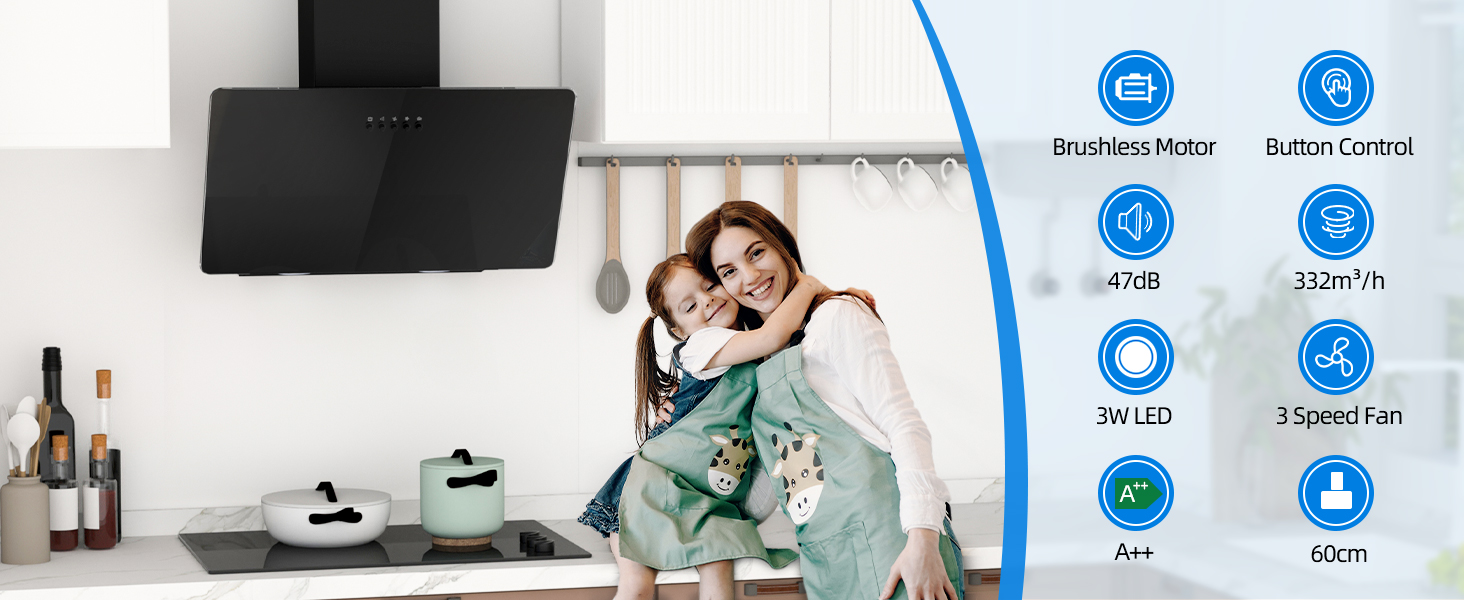 Похила витяжка для кухні FIREGAS 60 см, чорна, з LED-підсвіткою, безщеточним мотором та режимами відводу/рециркуляції повітря, клас енергоефективності A++