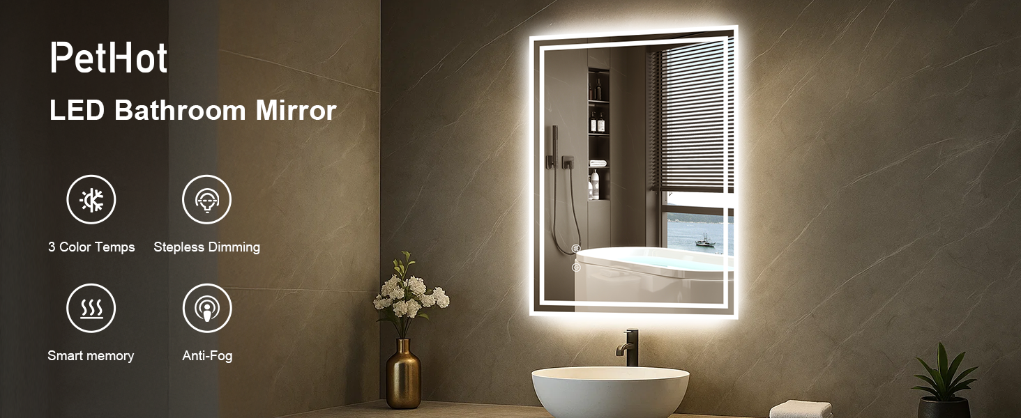 Дзеркало для ванної кімнати Youyijia з підсвічуванням, 70x50 см, антизапітніюче, сенсорне керування, 3 кольори світла, регулювання яскравості, 3500K-6500K