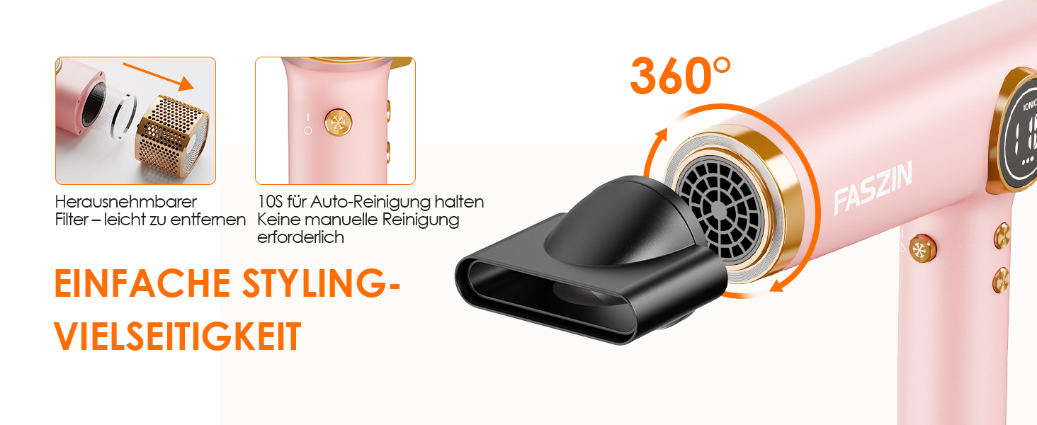 Фен для волосся Faszin з іонізацією, 110 000 RPM, LED-дисплей, 3 насадки, рожевий
