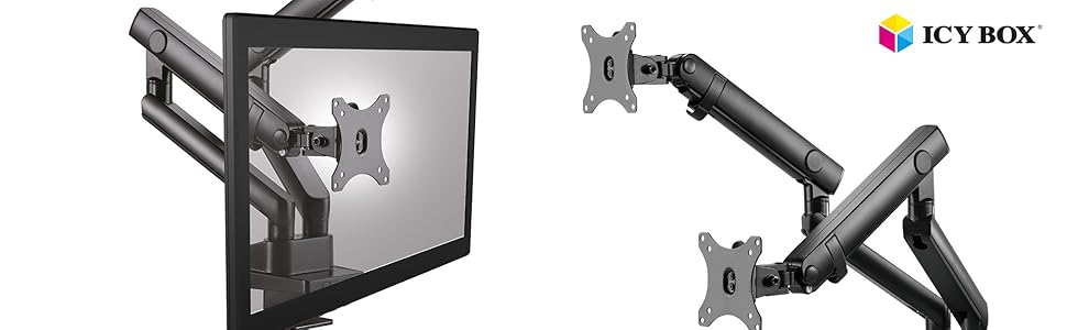 Тримач для монітора ICY BOX на 2 монітори до 32 дюймів (до 8 кг, VESA 75x75/100x100), сталевий кріплення, поворотний та нахильний, для кріплення на стіл/стільницю, IB-MS314-T