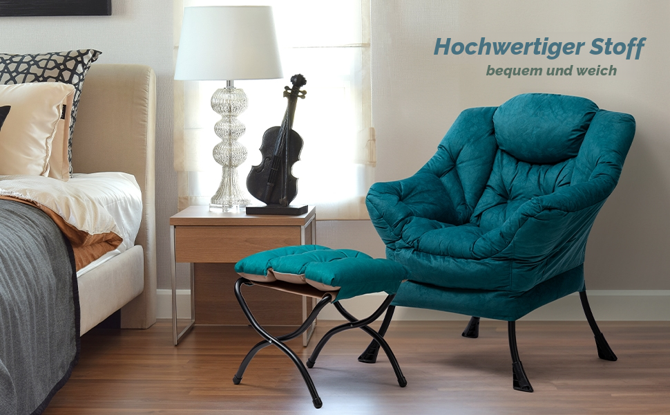 Крісло розкішне HollyHOME з пуфом, оксамитове, бежеве (блакитно-зелене) для вітальні, спальні, читання. Зі сталевим каркасом.