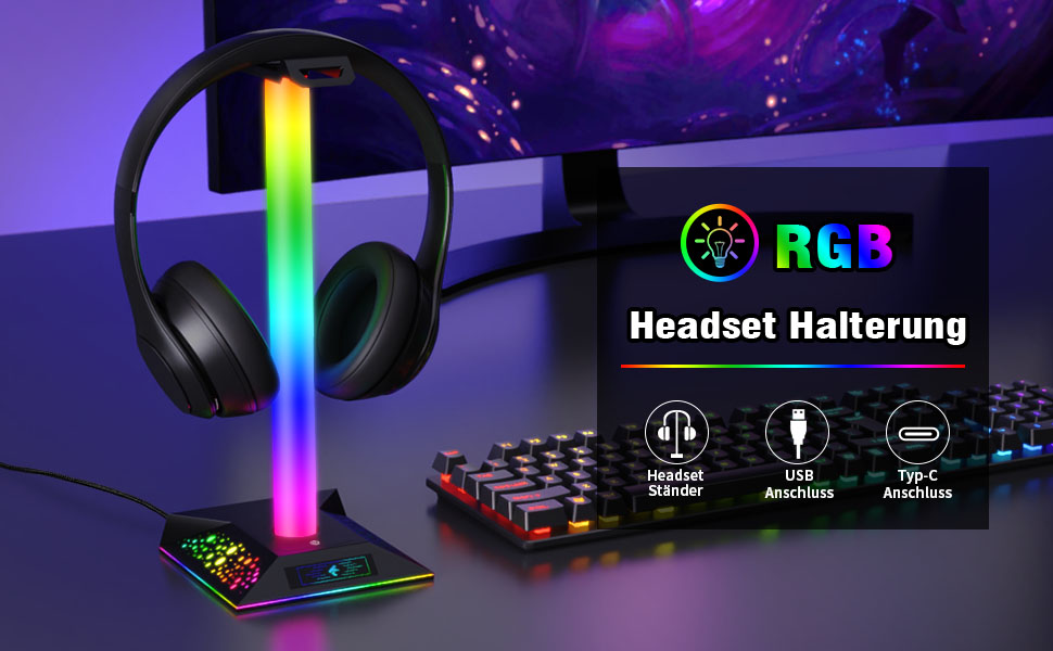 Кронштейн для гарнітури HCMAN RGB з 2 USB, світлодіодна підставка для навушників для ПК-геймера, чорний