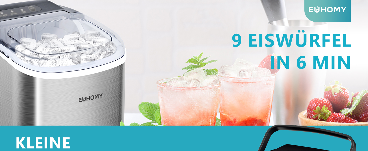 Машина для приготування льоду EUHOMY, 12 кг/24 год, чорна, з нержавіючої сталі, самоочищення, 9 кубиків за 6 хвилин