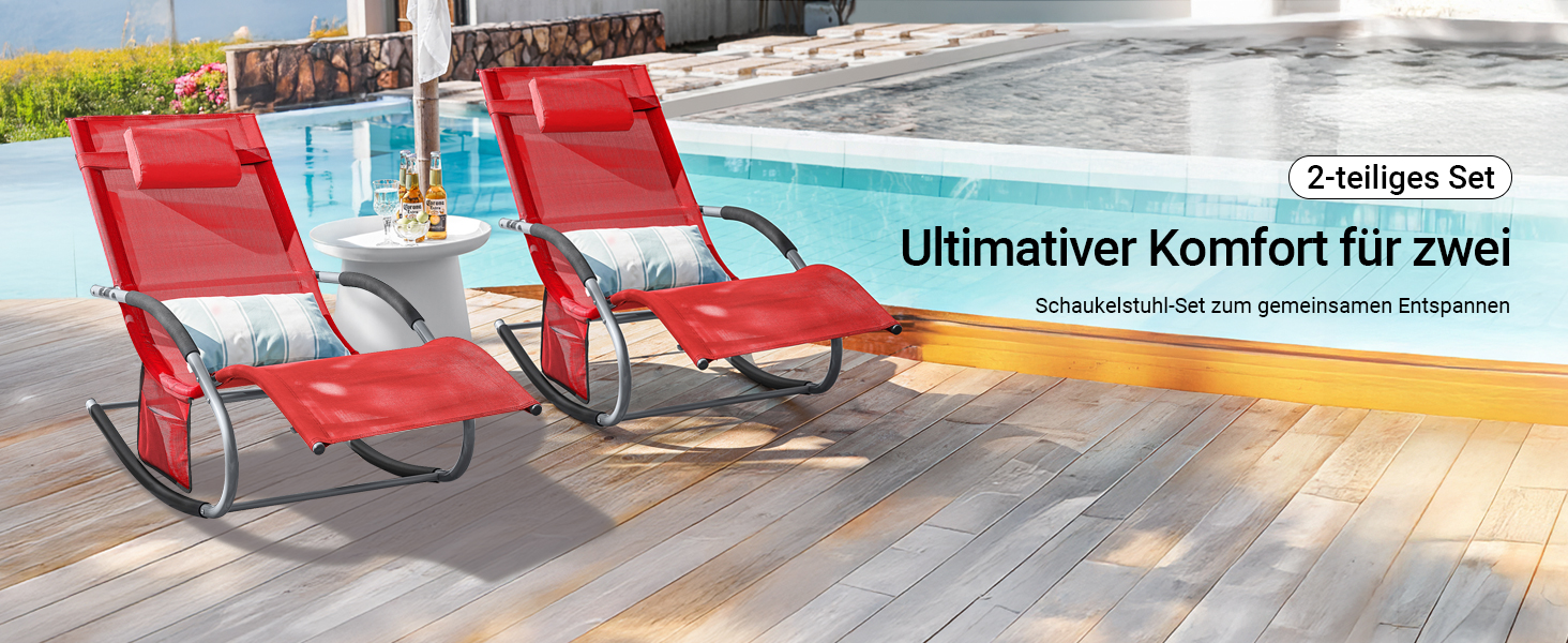 Шезлонг SoBuy для 2 осіб, червоний: стійкий до погодних умов, з підголівником, для саду, тераси, балкону, кемпінгу (150 кг)