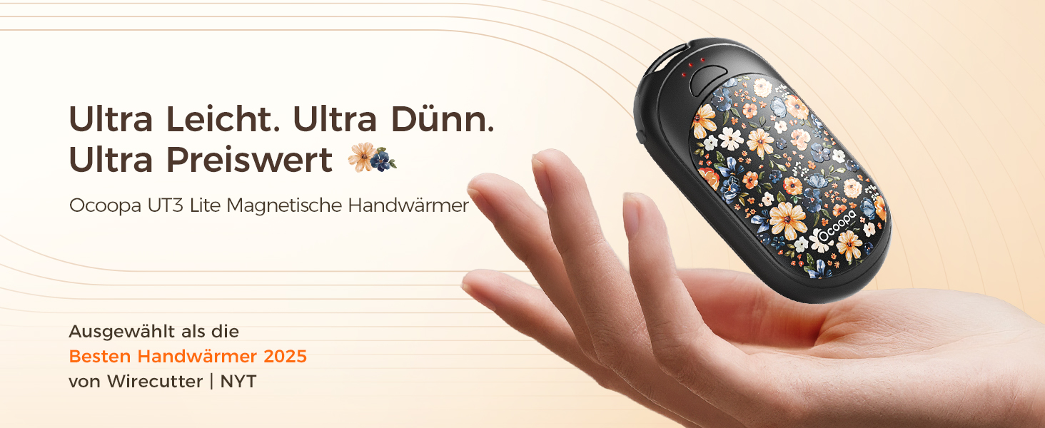 Електричні грілки для рук Ocoopa 2 шт. з магнітною основою, 5000mAh, 3 режими нагріву, компактні, для рукавичок, сумок, зимові аксесуари, подарунок для чоловіків та жінок (Lila_Weiß, Painted in Bloom (Ocoopa x Artist in Bloom)_Schwarz)