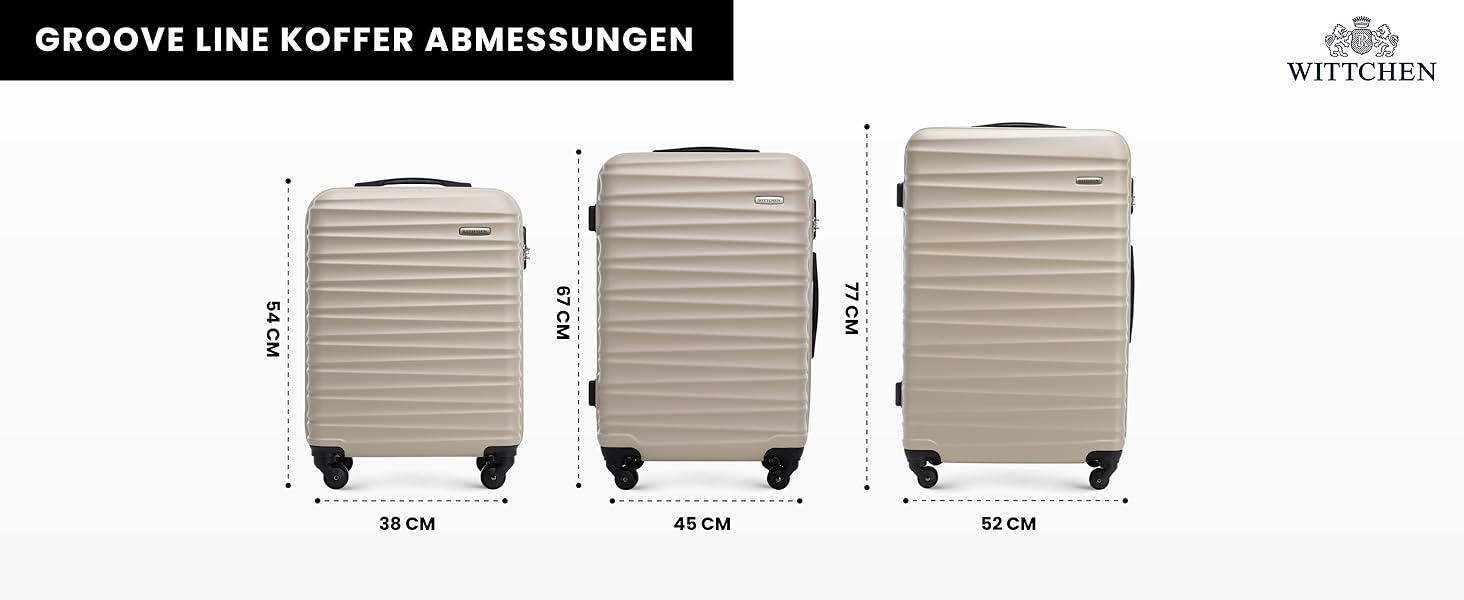 Набір валізWITTCHEN 3в1: велика, середня, маленька. Жорсткий корпус ABS, 4 колеса, кодовий замок. Підходить для Lufthansa, Eurowings, Ryanair, Condor. Бежевий колір.