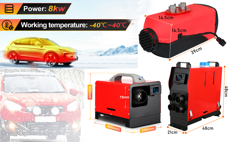 Дизельний обігрівач 8kW 12V з Bluetooth, LCD-дисплеєм та пультом дистанційного керування для автодому, авто, човна, каравану, червоний