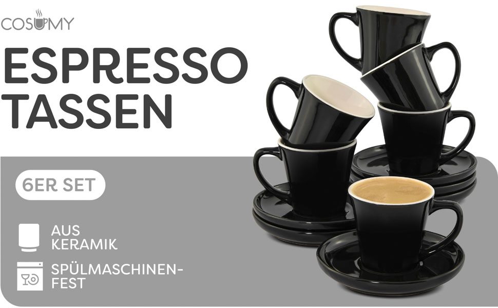Набір чашок для еспресо Cosumy з 6 чорних з блюдцями - керамічні - довго тримають тепло - подарункова коробка 70 мл