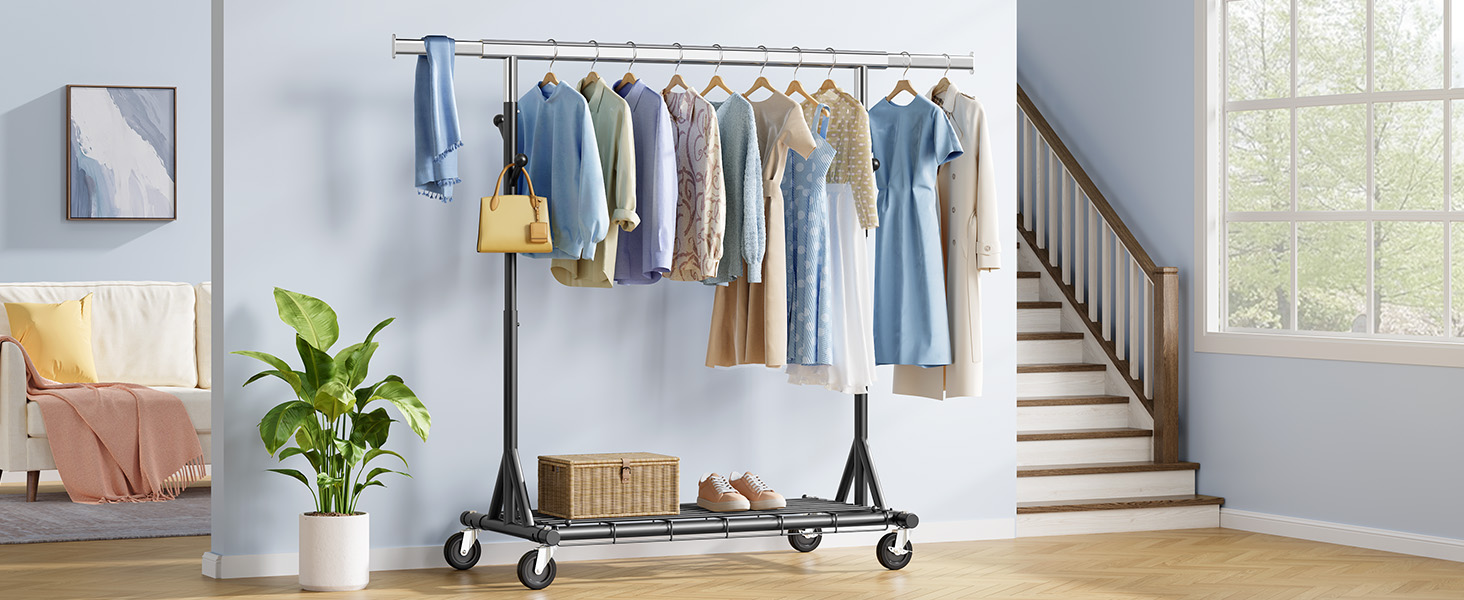 Стійка для одягу на колесах FAVOOOSTY, металева, мобільна, до 200 кг, чорна, 1 перекладина