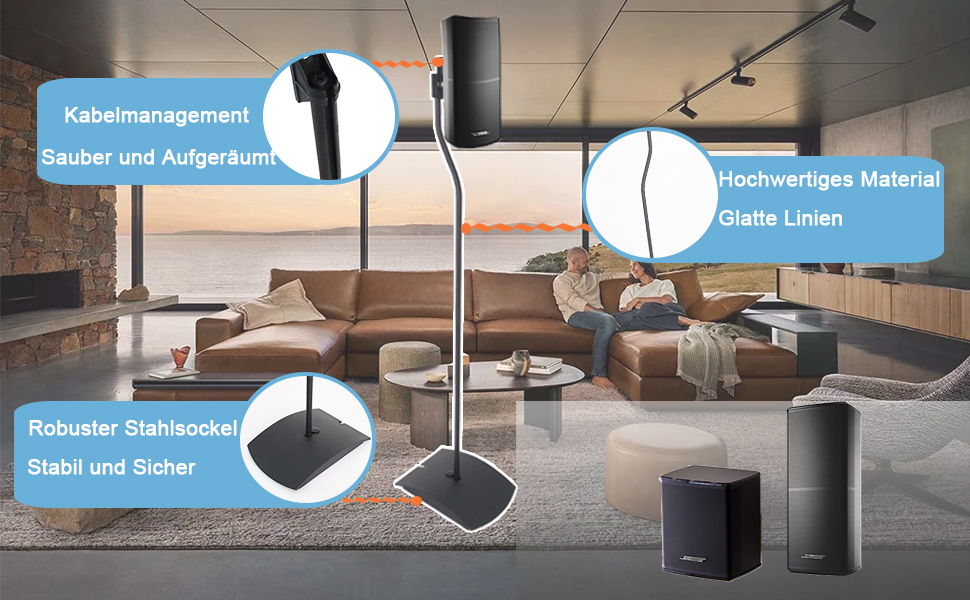 Підставка для колонок, регульована по висоті, для колонок до 73-140 см, 2 шт., для сателітів до 5 кг, інтегроване кабельне управління, універсальна (чорний)