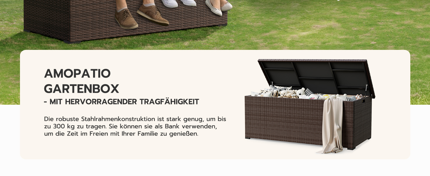 Водонепроникний садовий ящик Amopatio Gartenbox 650л з поліротангу для подушок, металевий з газовими амортизаторами, для саду та балкону, коричневий
