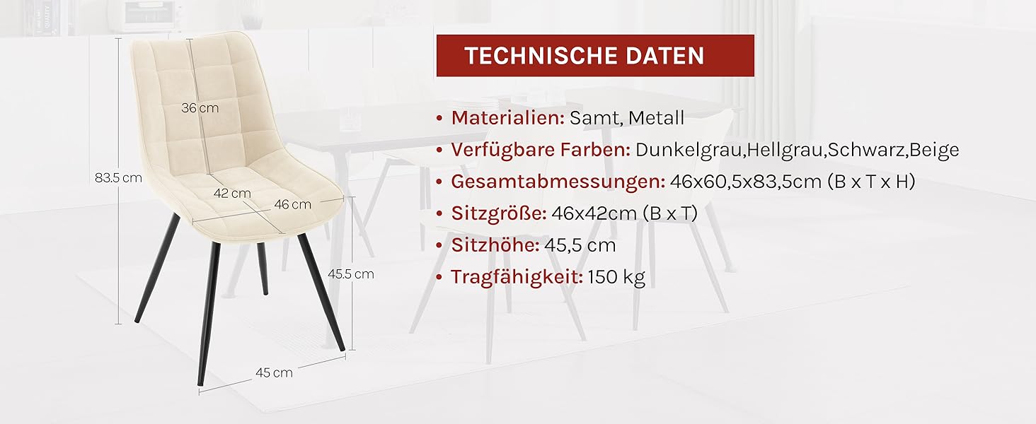 Крісла для обідньої зони WOLTU: комплект з 2 шт., м'які, з металевими ніжками, бежеві