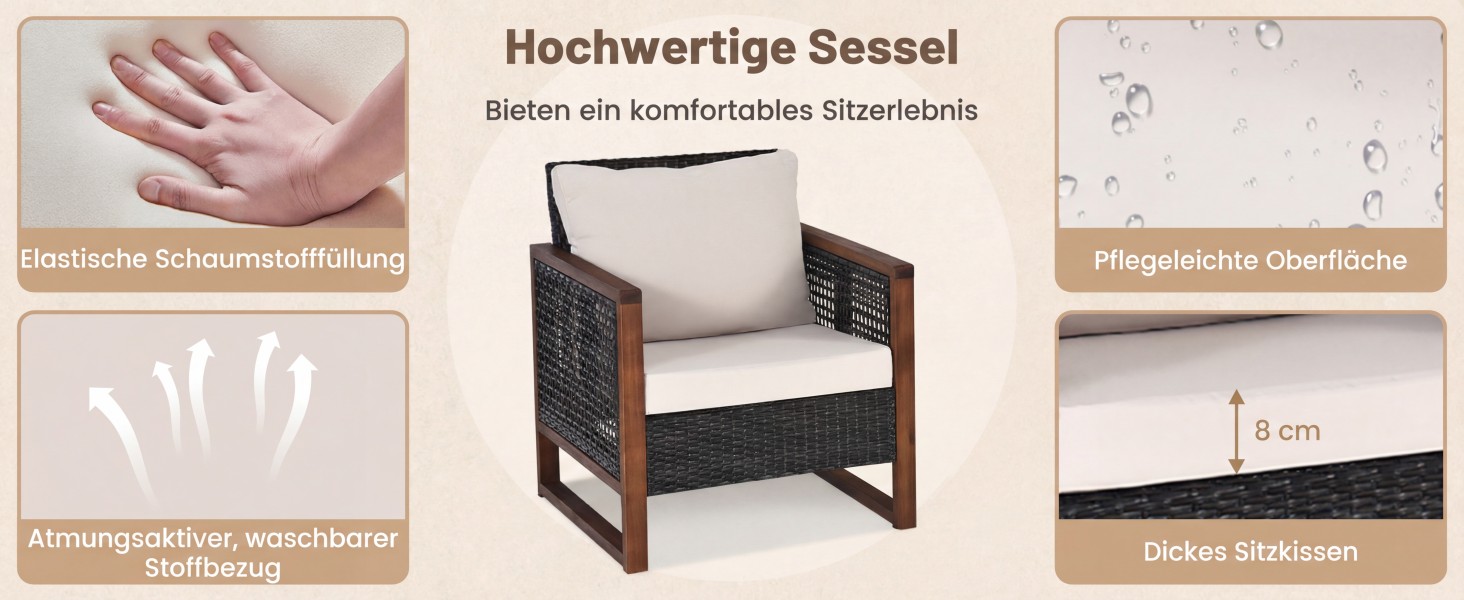 Набір садово-розкладних меблів GIANTEX з ротангу (3 шт.), садова група для балкону на 2 особи, Lounge Set з 2 кріслами та дерев'яним столом, коричневий, з подушками