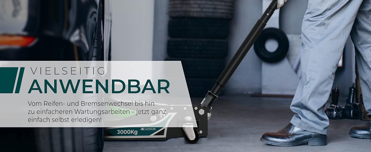 Гідравлічний домкрат CargoVA 3T з низьким профілем (75-505мм) + килимок + 2 гумові накладки | Для SUV та авто з низькою посадкою | Професійний набір для заміни коліс (TÜV)