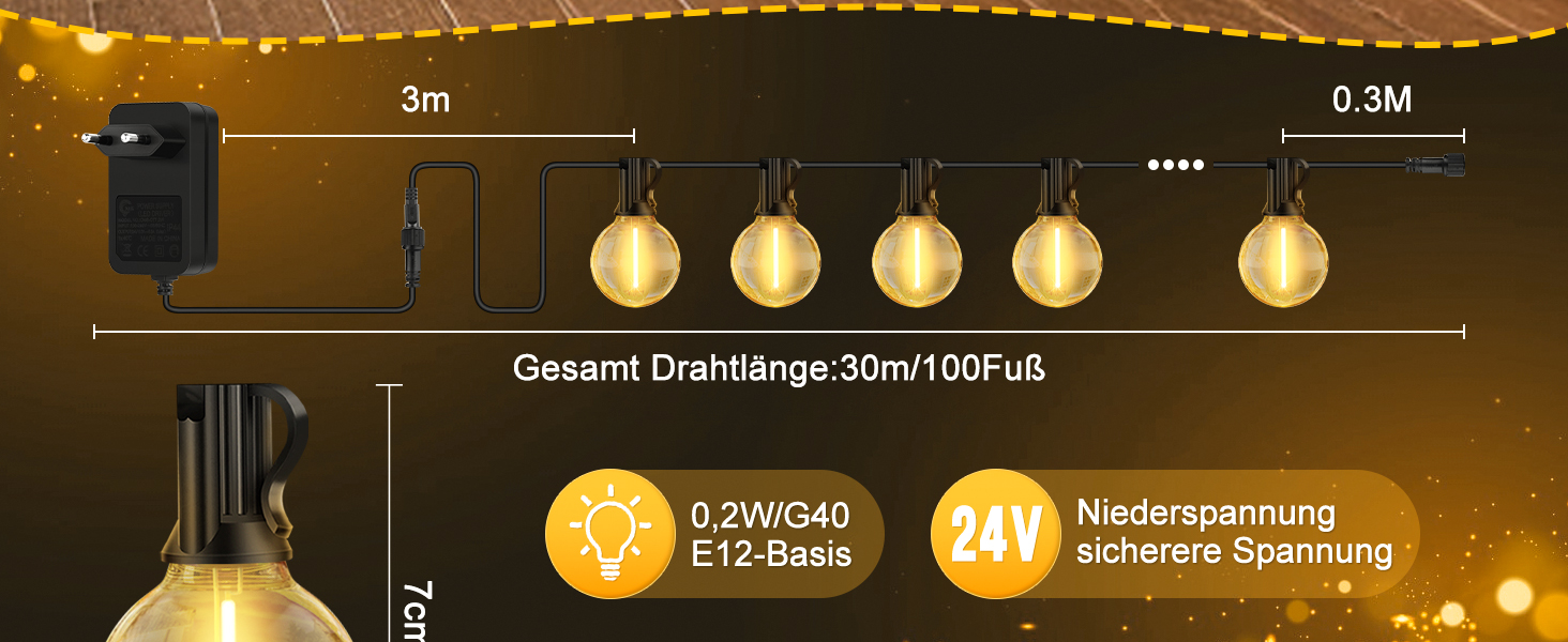 Світлодіодна гірлянда для вулиці 30 метрів - 100ft, IP44, для саду, павільйону, балкону, тераси, вечірки. Гірлянда з лампочками G40, вологостійка