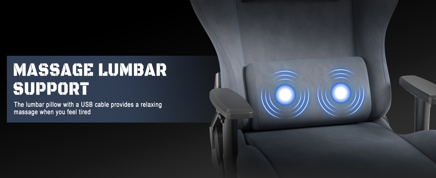 Ігровий крісло JUMMICO з тканини, офісне крісло з масажем, ергономічний офісний стілець, регульовані підлокітники, 90-180° нахил, 200 кг, сірий