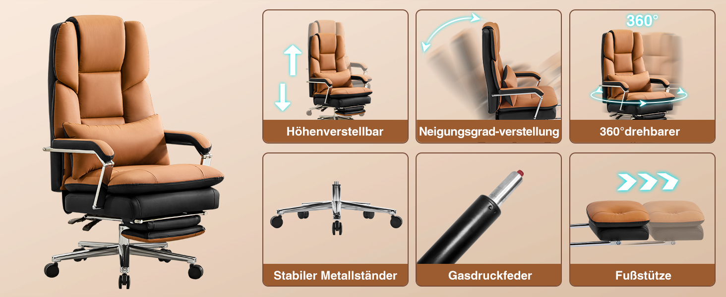 Ергономічне крісло для офісу, шкіра PU, крісло для начальника, 200 кг, з підніжкою та підтримкою попереку, для дому та офісу, регульоване, висока спинка, чорне, 1 шт.