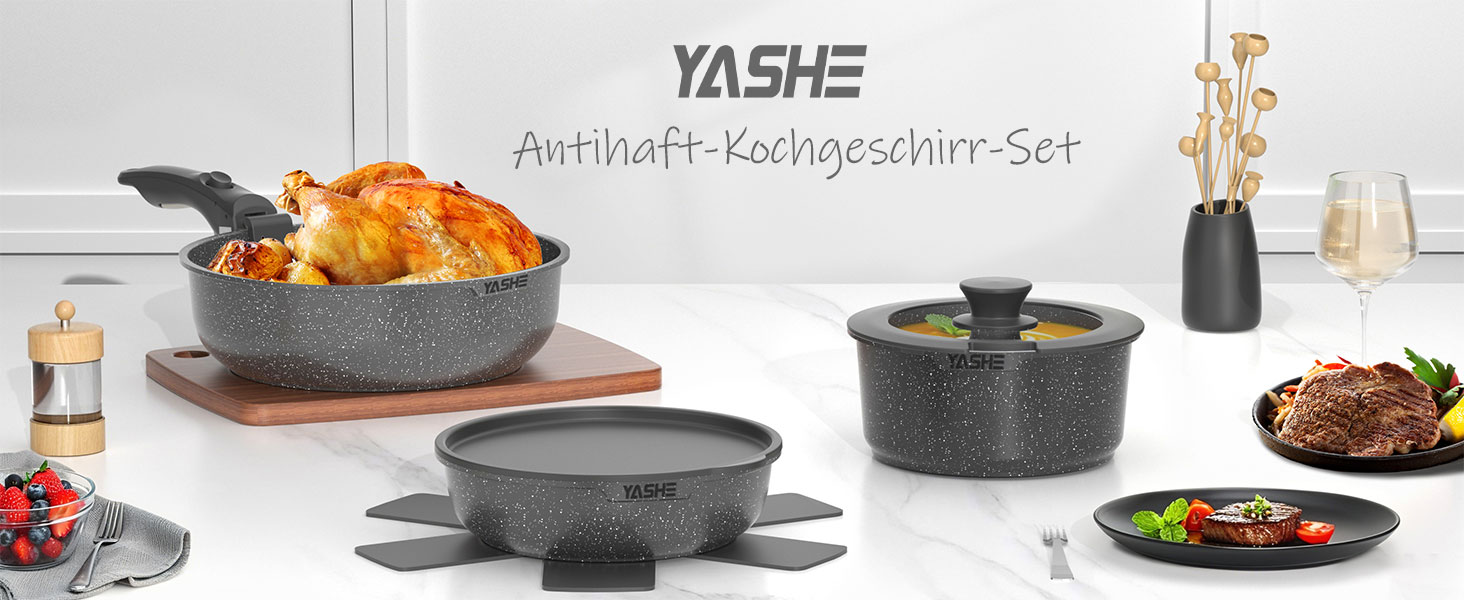 Набір каструль та сковорідок YASHE 9 шт. з антипригарним покриттям, білий (сірий), для всіх плит, знімний ручка, сумісний з духовкою, компактний, економія місця