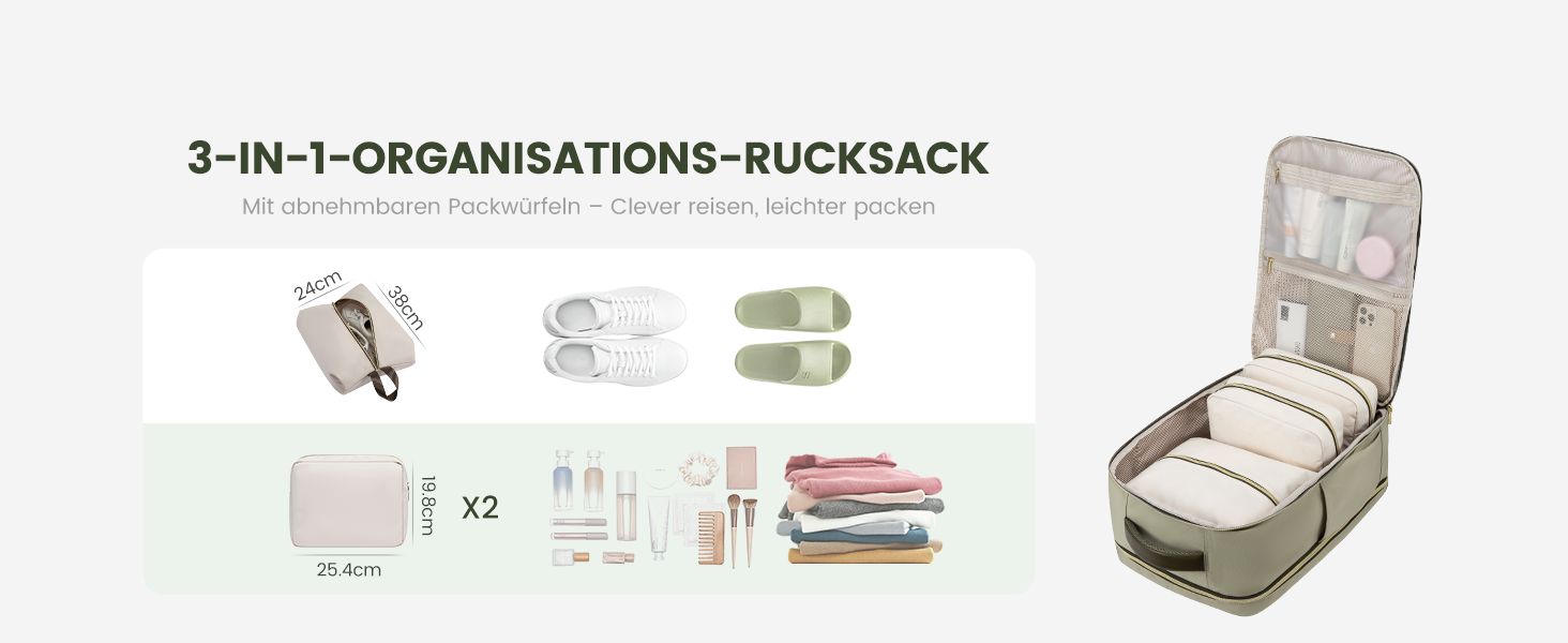 LOVEVOOK Рюкзак ручної поклажі, 40L, для подорожей, дамський, водонепроникний, для ноутбука 17 дюймів, кофр-рюкзак, для роботи, ділових поїздок, Weekender, оливково-зелений, світло-бежевий, оливково-зелений