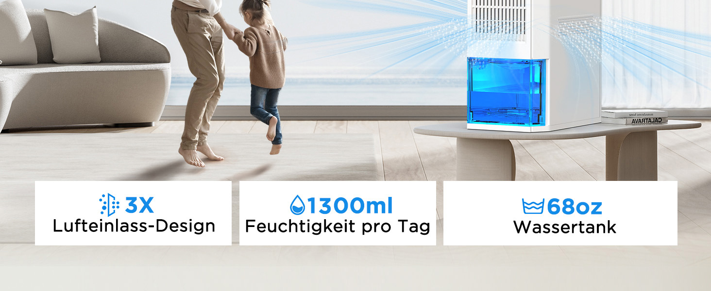 EasyAcc Електричний осушувач повітря 2000 мл, 1.3 л/день, для приміщень до 30 м², захист від цвілі та вологи, 270° циркуляція повітря, ефективне осушення при температурі нижче 15°C, для підвалу, ванної кімнати, шафи, кремово-білий