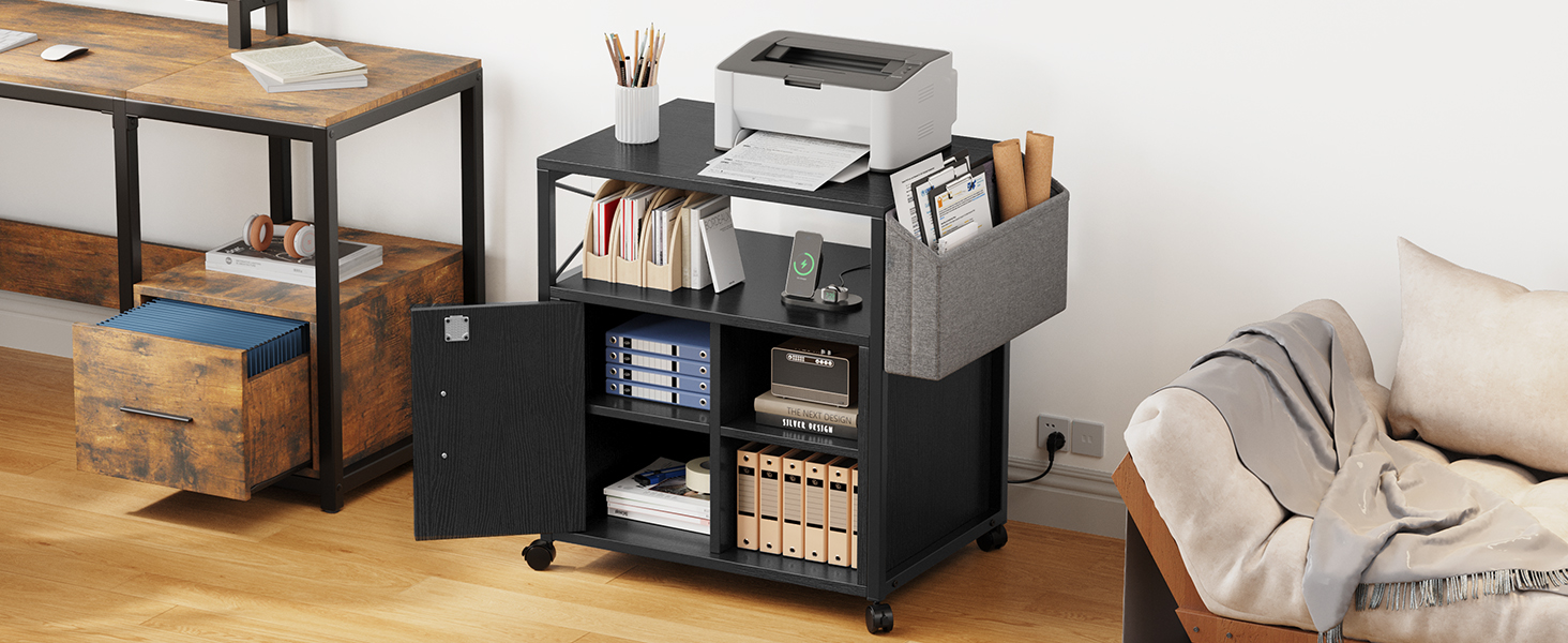 Підставка для принтера YITAHOME з розетками, роликова, з полицею та кишенями, з замком, для дому/офісу, чорна