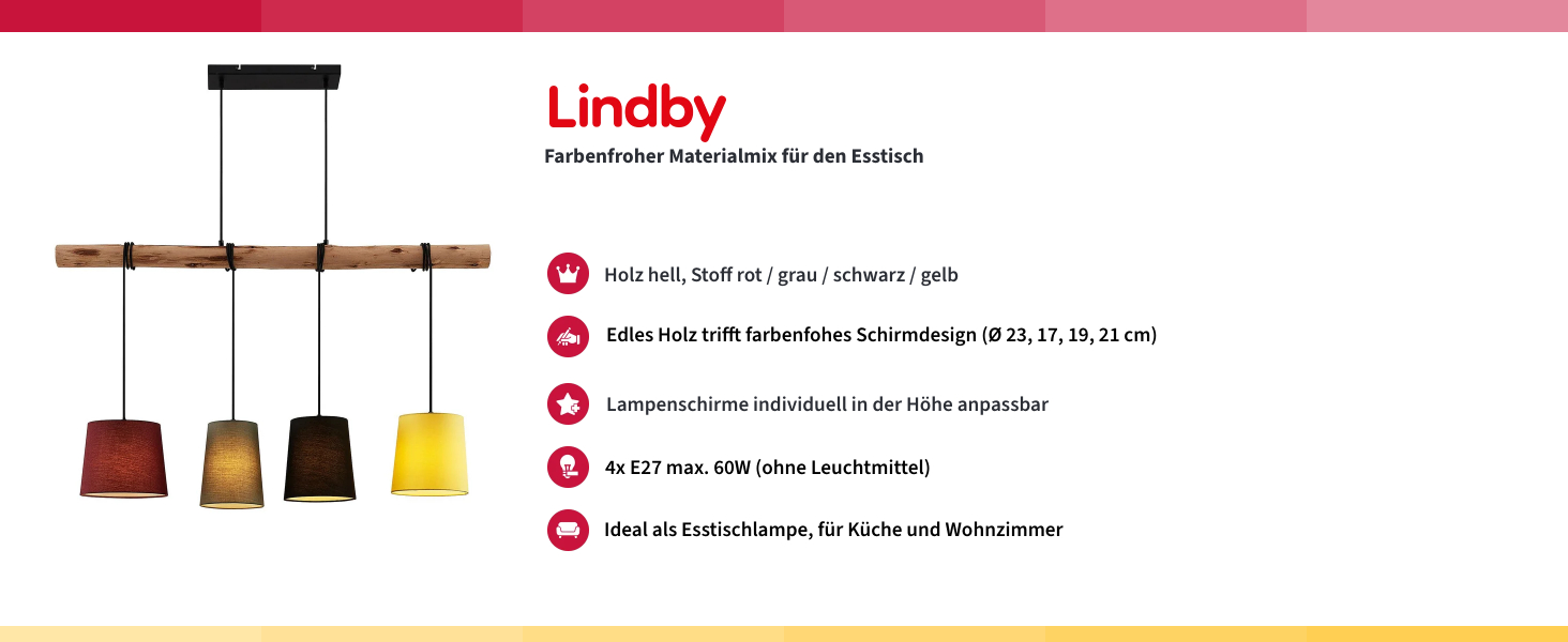 Підвісний світильник Lindby Обідній стіл Дерево, текстиль, балка підвісний світильник Дерев'яна гілка та тканинний абажур, підвісна лампа, світильник Вітальня 4 шт. E27, без лампочки