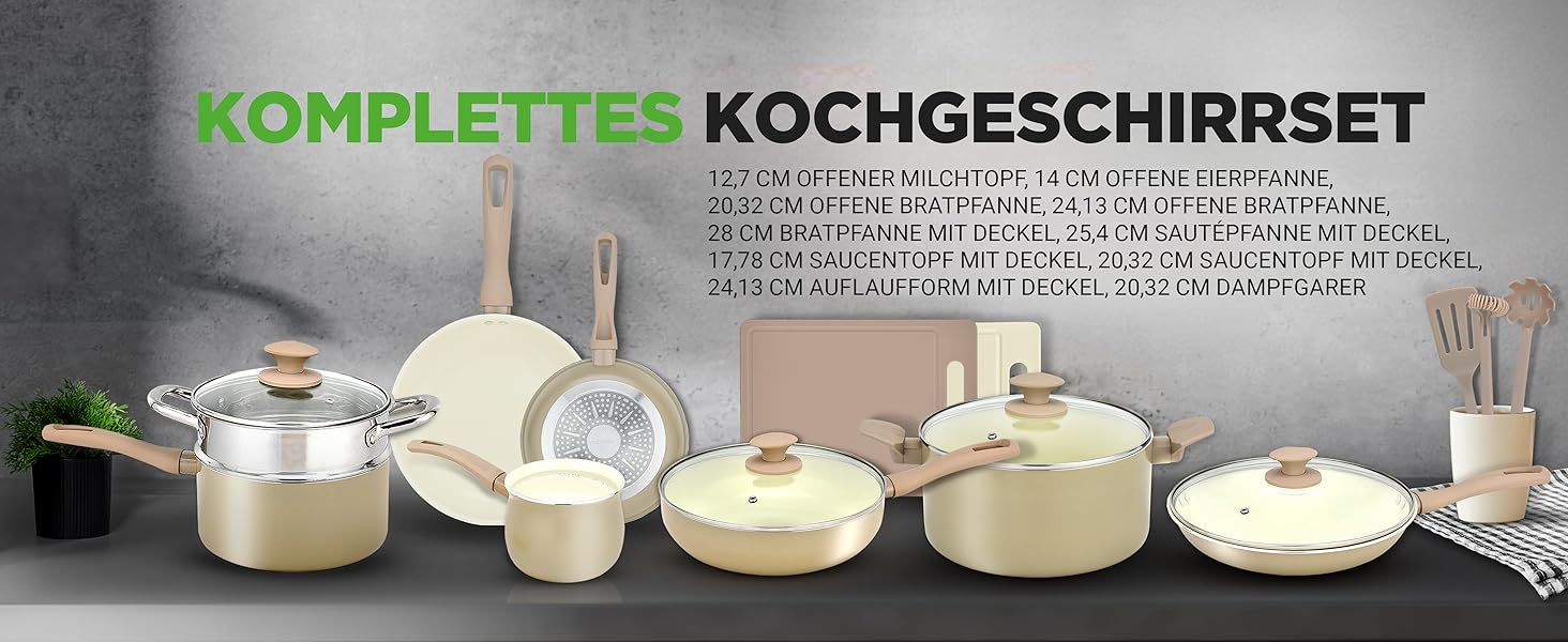 Набір посуду NutriChef 54 шт. – сковороди, каструлі, кухонні аксесуари талового кольору. З ножами, формами для випічки та аксесуарами. Підходить для індукційних, газових та електричних плит. Здорове та дієтичне приготування їжі