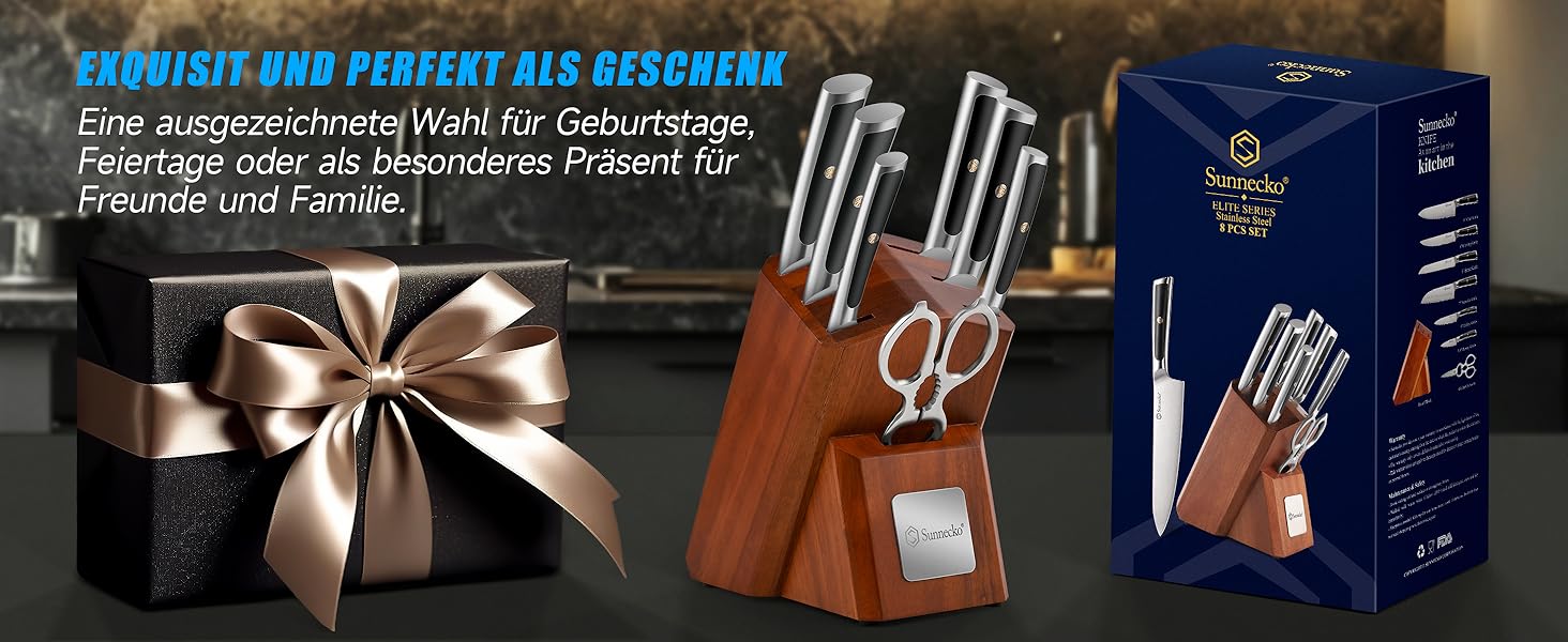 Набір ножів Sunnecko 6 шт. з підставкою – кухонний набір ножів, кухонні ножі з ергономічними ручками, гострими лезами, підставка з нержавіючої сталі та акації