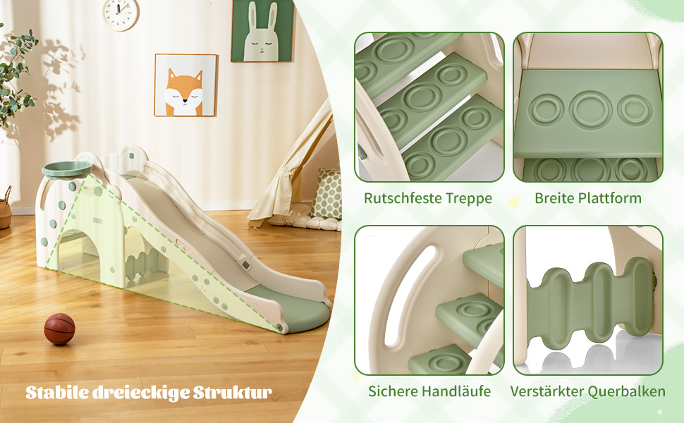 Дитяча гірка COSTWAY 4-в-1 з тунелем, баскетбольним кільцем та драбинкою, зелена, для дітей від 18 місяців