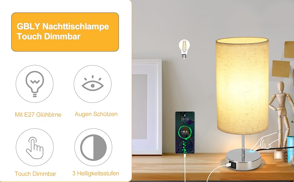 Приліжковий світильник GBLY Touch Dimmer сучасний світильник з USB, абажур E27, комплект з 2 шт. (без лампочки)