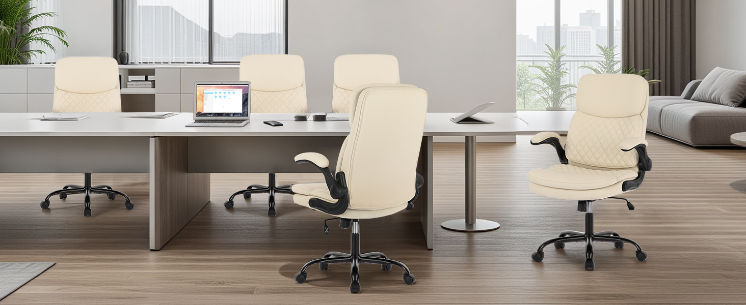 Офісний крісло Colamy: ергономічний, з високою спинкою, регульовані підлокітники, шкіряне покриття (слонова кістка)
