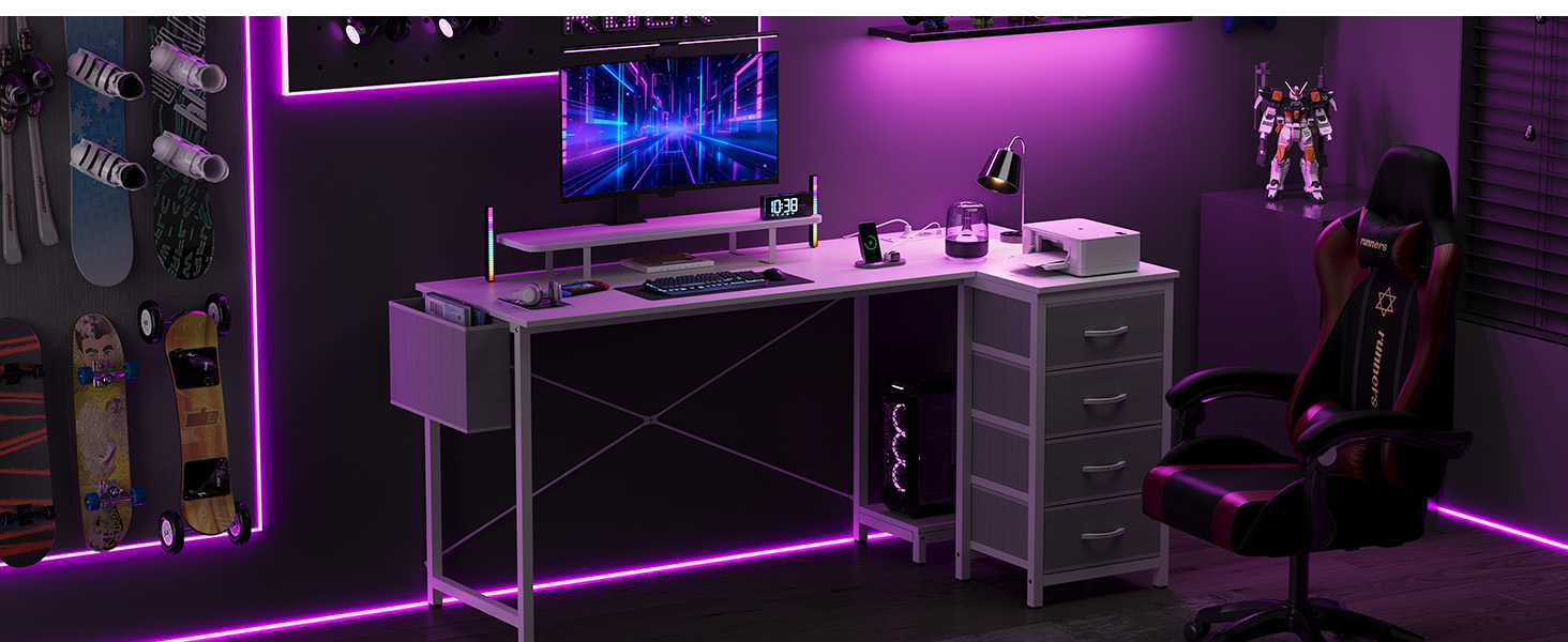 Кутовий офісний стіл Claiks L-подібної форми з 4 ящиками, USB-зарядкою та розеткою, 140x80 см, білий