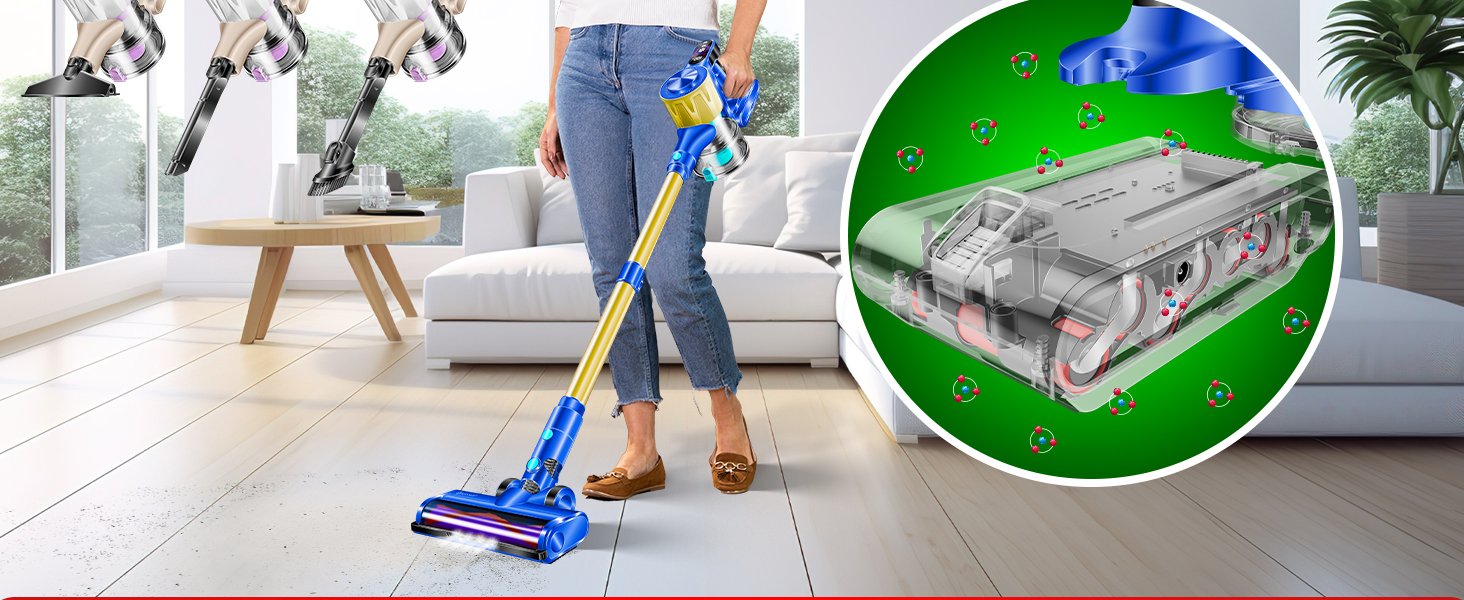 Бездротовий акумуляторний пилосос KESSER® з LED дисплеєм та аромакапсулою | Бездротовий пилосос без мішка з антизаплутаною насадкою, HEPA-фільтром, час роботи до 60 хвилин, для твердих поверхонь та килимів, чорний/червоний