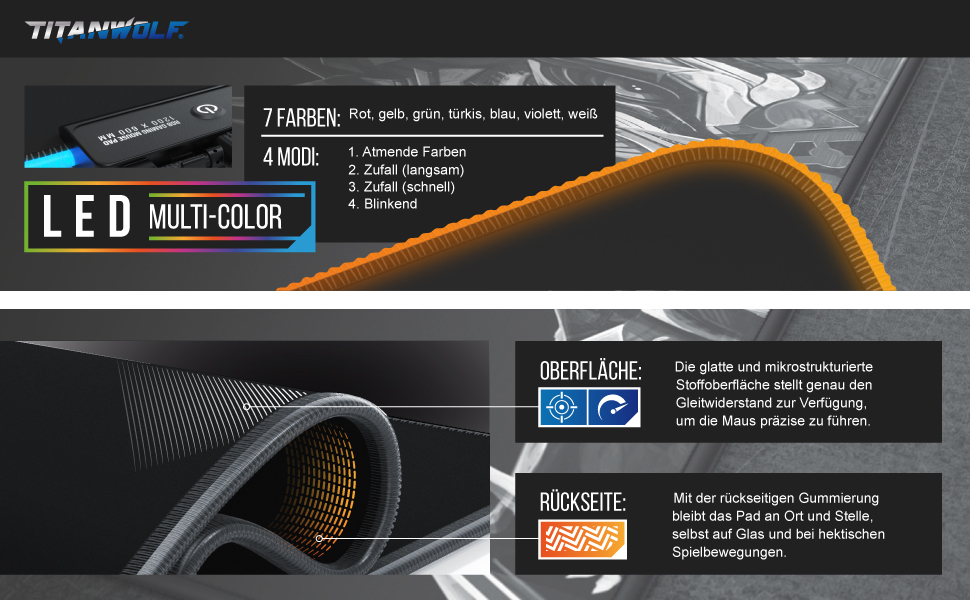 TITANWOLF XXXL RGB килимок для миші – 1200 x 600 мм, LED, 7 кольорів, 4 режими, для геймінгу, гумова основа, миється