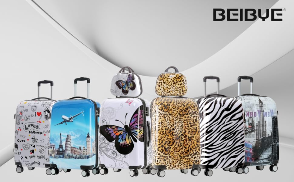 Набір дорожніх валіз BEIBYE Butterfly 2060 з TSA-замком, 4 предмети: XL (75см), L (66см), M (56см) та косметичка (S), міцний пластик
