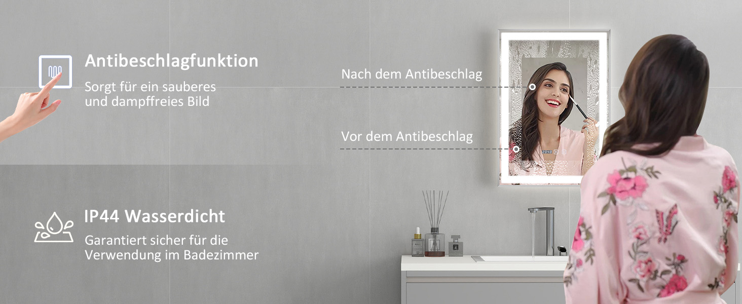 Дзеркало для ванної кімнати YOURLITE з підсвічуванням, 85x55 см, LED, сенсорне керування, 3 кольори світла, регулювання яскравості, антизапар, горизонтальне/вертикальне, IP44, білий (Silver-5070)