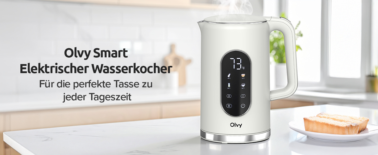 Електричний чайник Olvy з нержавіючої сталі 1.7л з регулятором температури та функцією підігріву, подвійні стінки (Колір: Кремовий білий)