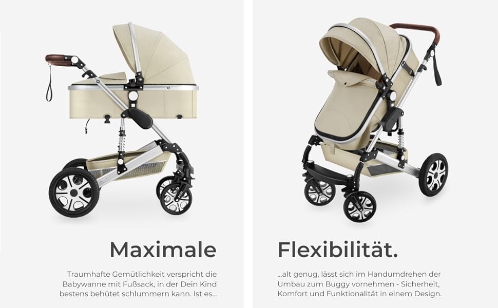 Дитяча коляска Tectake 2 в 1: розкладний візок-ліжко з підніжкою, тримачем для напоїв, люлькою та дощовиком (сірий/бежевий)