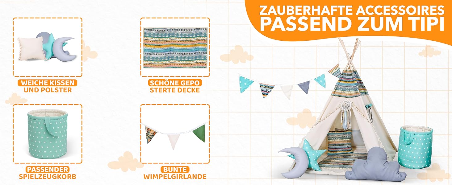 Дитячий намет-тіпі Rainbow Kids: бавовняне полотно, різні кольори та візерунки, з аксесуарами (Вовк, зірка, рожевий)