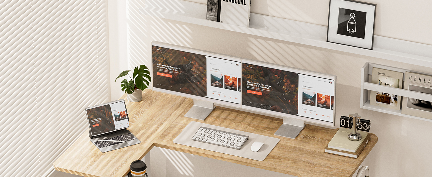 Стол письмовий L-подібний, регульований по висоті, 150 x 100 см, електричний, ергономічний, з підстаканниками та гачками, коричневий