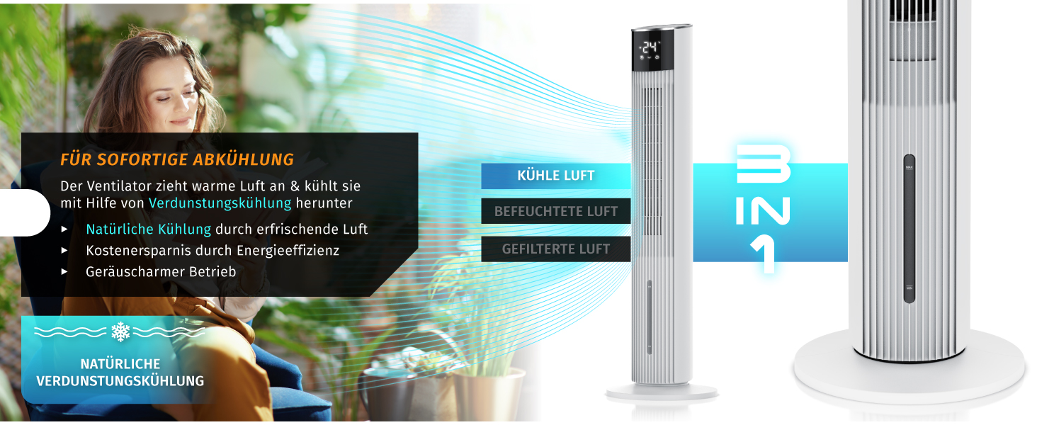 Вентилятор вежний з Wi-Fi та охолодженням води Brandson ECO GREEN – тихий, з керуванням Alexa, смарт-вентилятор для дому, мобільний кондиціонер