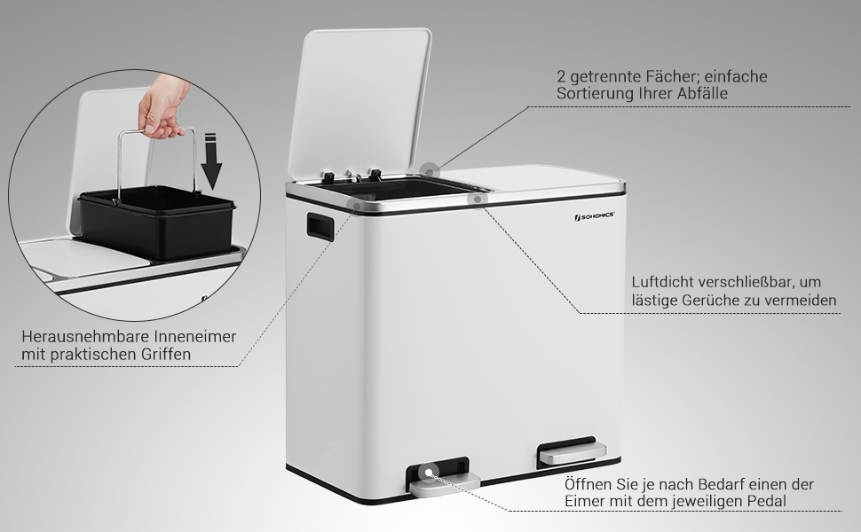 Відро для сміття SONGMIC, відро для сміття, система поділу сміття на 2 Відділення, кухонне відро для педалей, 2 х 24 л, М'яке закрите, пластикове внутрішнє відро, з ножними педалями і ручками, LTB48NL (білий)