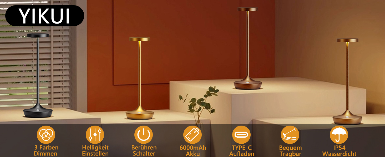 LED настільна лампа бездротова з димуванням, 3 кольори, 6000 mAh, IP54, для дому та кемпінгу (2 шт.)