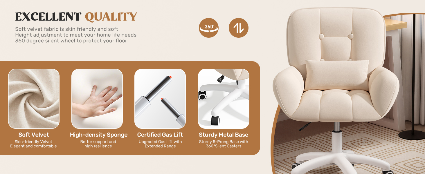 Ергономічне крісло 2-в-1 для дому та офісу: обертове, регульоване по висоті, з велюру, 360°, бежеве