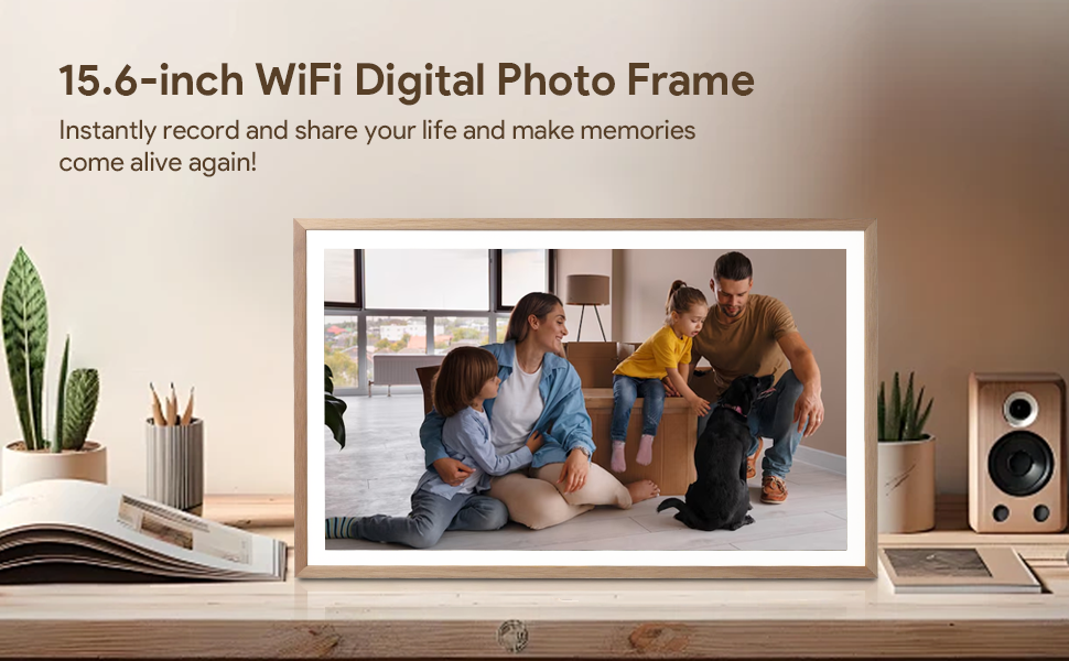 Frameo Цифровий фоторамка 15.6 дюймів Wi-Fi, FHD IPS сенсорний екран, 32GB, віддалене завантаження фото та відео, календар, погода, музика
