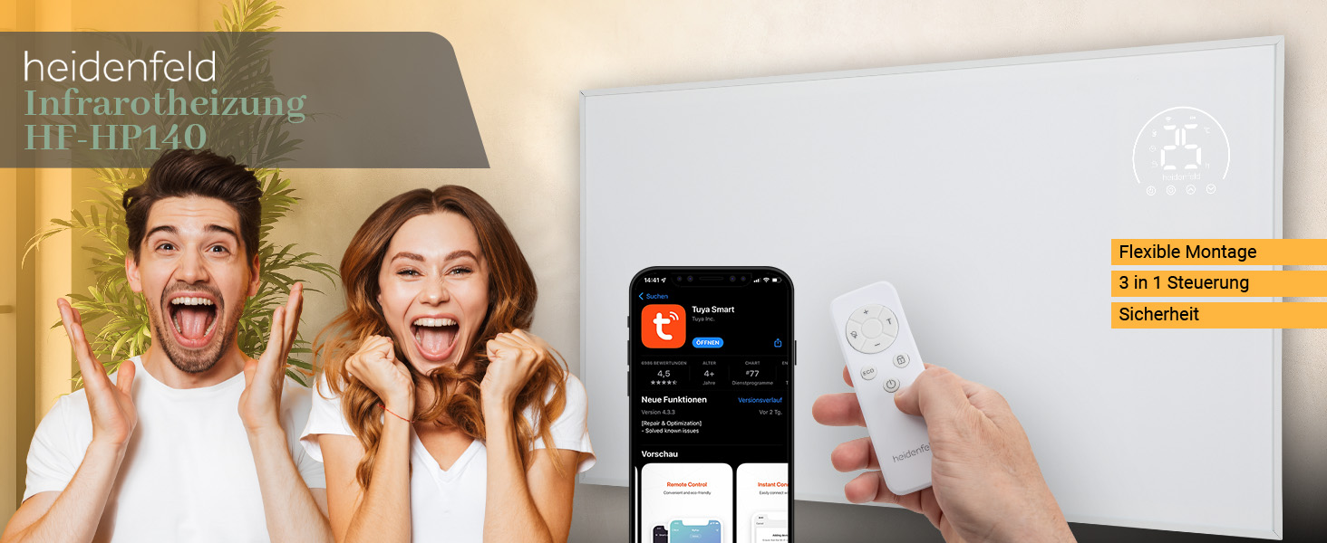 Інфрачервовий обігрівач Heidenfeld HF-HP140 | 300 Вт | 10 м² | 3-в-1: Керування через додаток, пульт, сенсорна панель | Модель HF-HP140