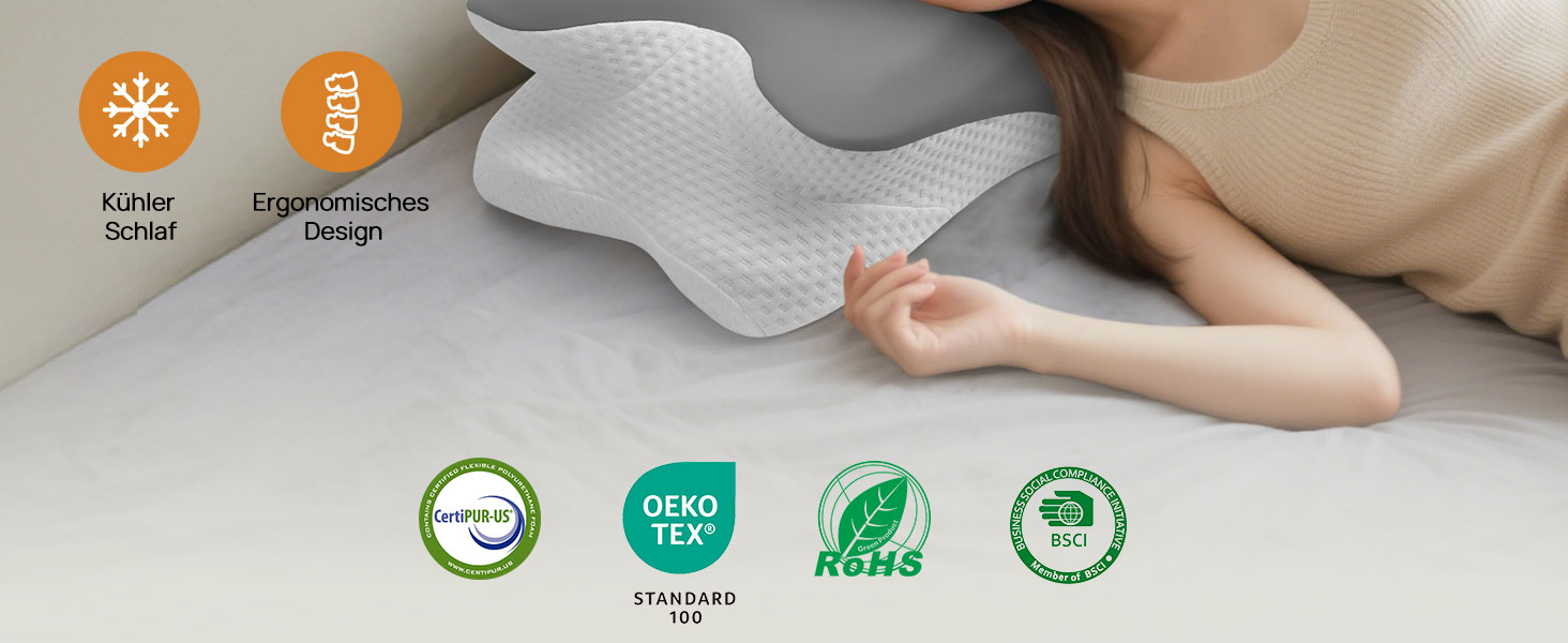Подушка для шиї Feagar з Memory Foam, ергономічна, 2 висоти (8/12 см), сіра. Підтримка шиї та плечей