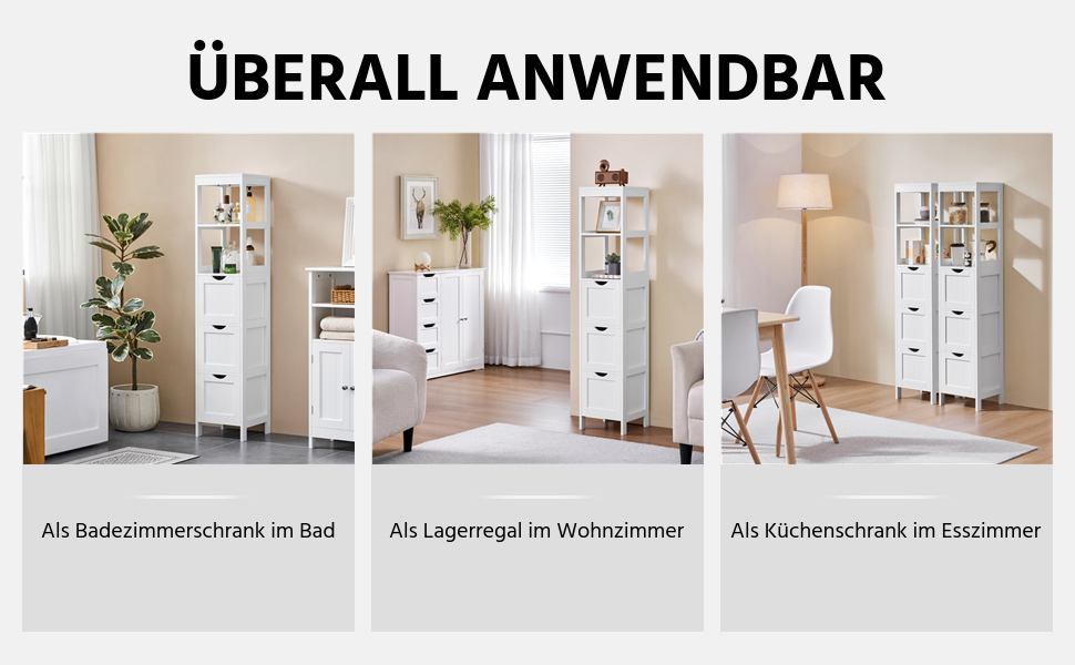 Шафа у ванну кімнату Yaheetech з 3 висувними ящиками та 2 відкритими полицями, 30 x 30 x 142 см, біла