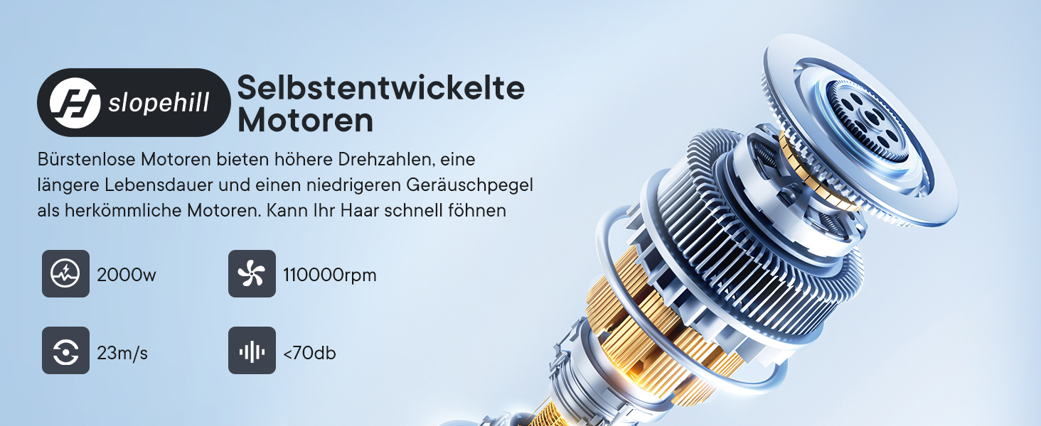 Фен для волосся Slopehill 2000W з іонізацією, безщітковим двигуном 110 000 об/хв, LCD-дисплеєм та 3 дифузорами, складаний, чорний